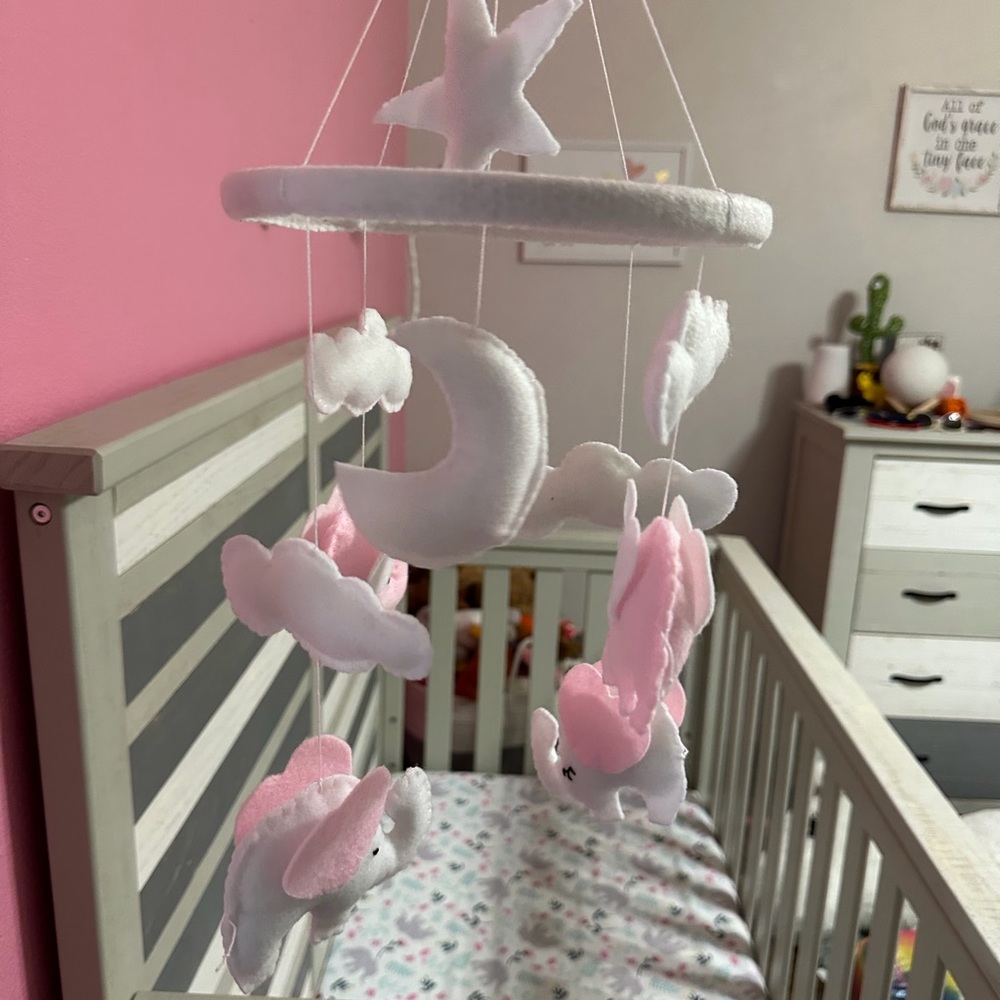 Pink and White Baby Mobile with Clouds and Stars
